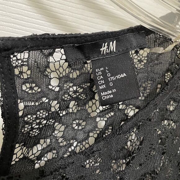 H&M Light Pink T Shirt Black Lace Yoke Keyhole Neck Stretch Women's Large - Picture 5 of 8